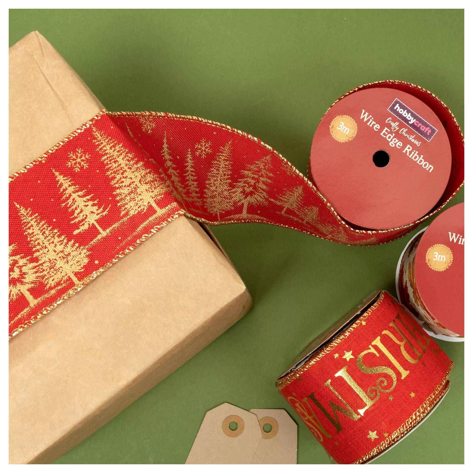 Red And Gold Tree Wire Edge Ribbon 63Mm X 3M-Hobbycraft Store