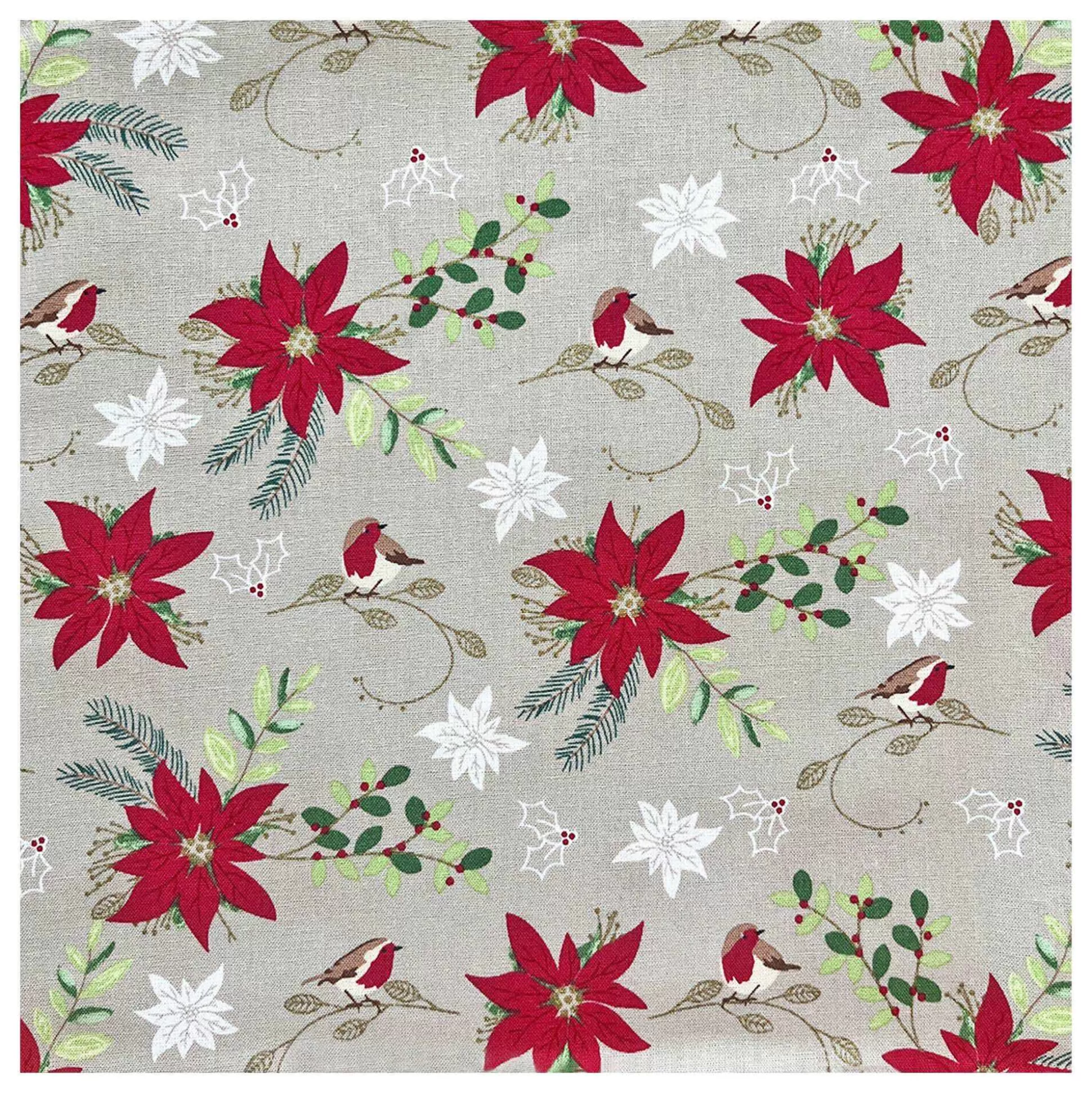 Traditional Poinsettia And Robin Cotton Fabric By The Metre-Hobbycraft Discount